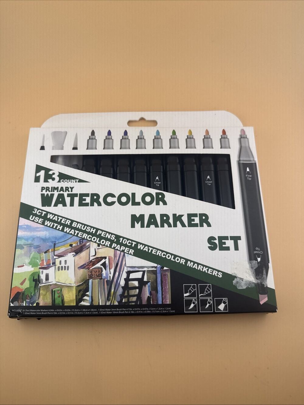 NEW 13pc Watercolor Marker Set 10 Dual Tip Markers 3 Water Brush Pens